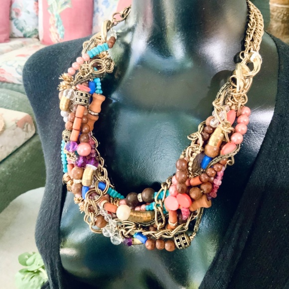 Multi Strand🩷SOLD🩷 BEADED CHUNKY STATEMENT NECKLACE SEQUIN ⭐️ NWT WOOD GLASS - Picture 10 of 14